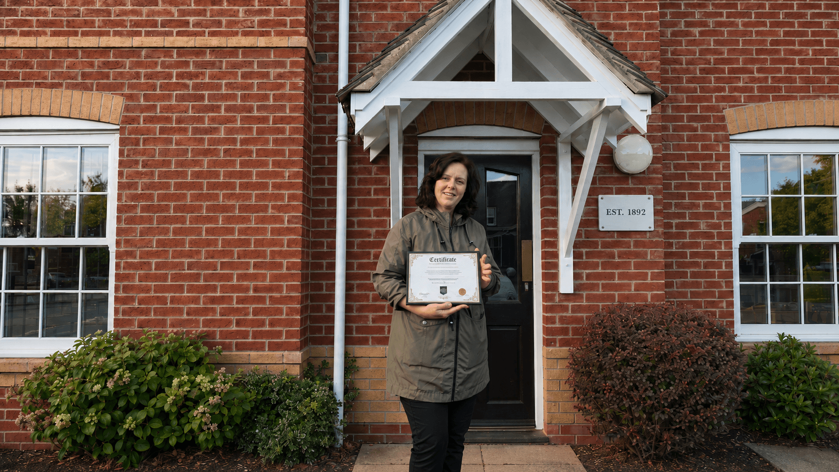 Smiling partner holding the Kudin & Sons Care Certificate